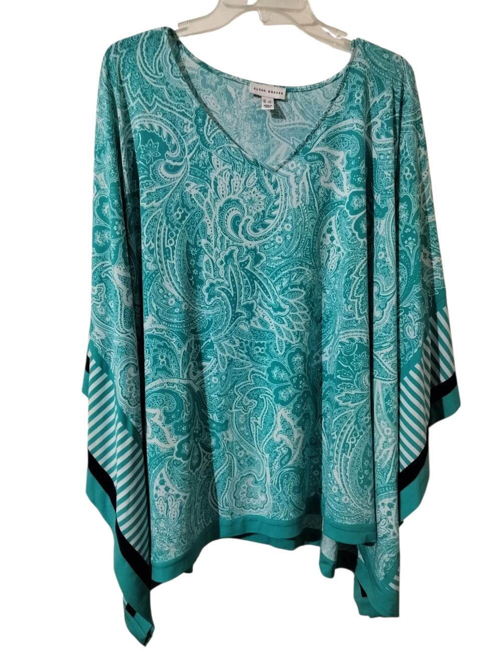 6089(Susan Graver Plus 3X Teal & White Paisley Print Relaxed Woven Poncho Top